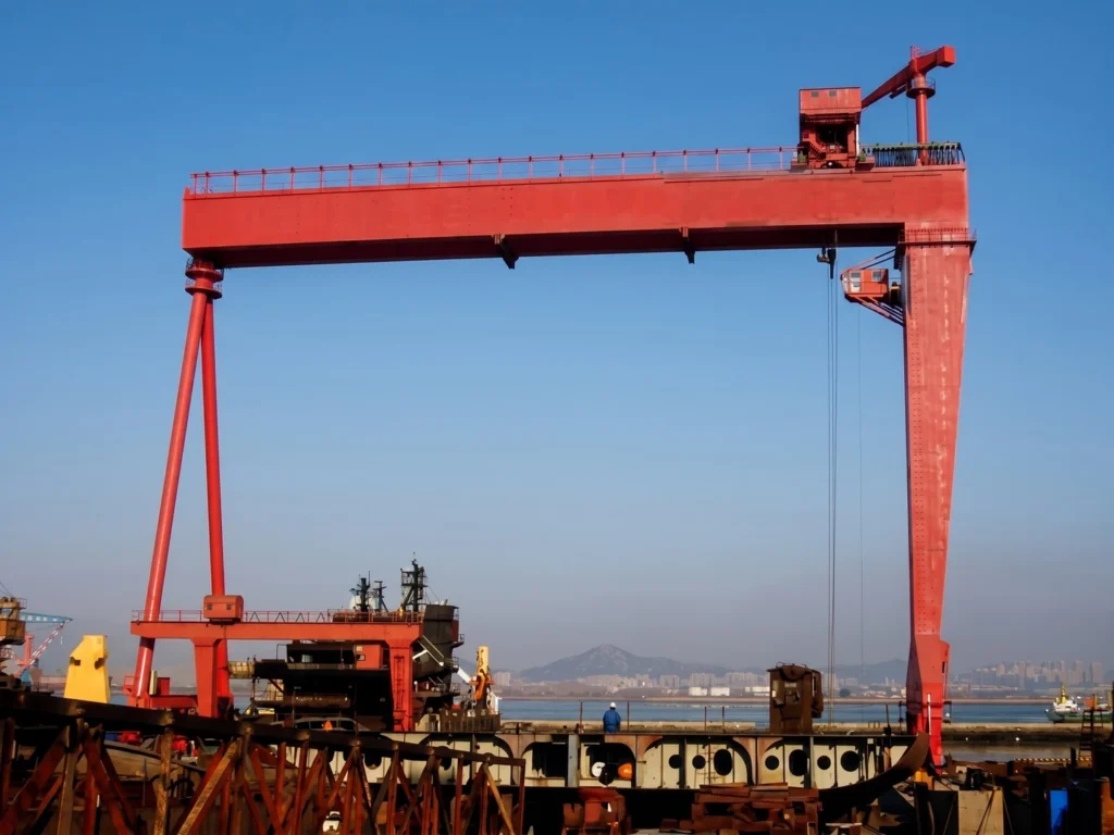 Large Red Gantry Crane at a Shipyard